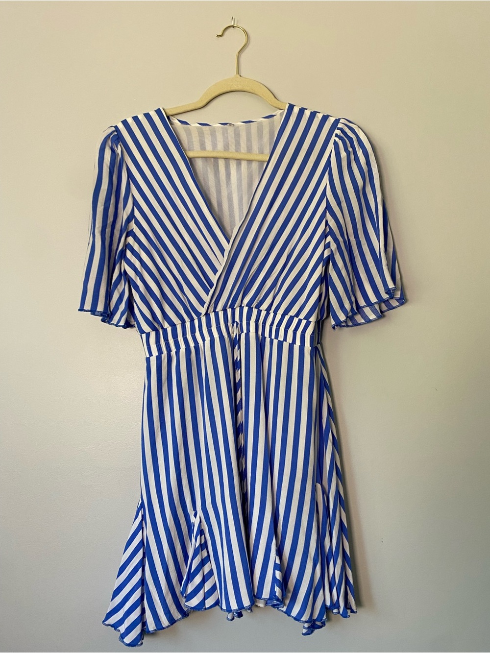 PRETTYGARDEN  V Neck Short Sleeve Striped Wrap Ruffle Hem mini dress M